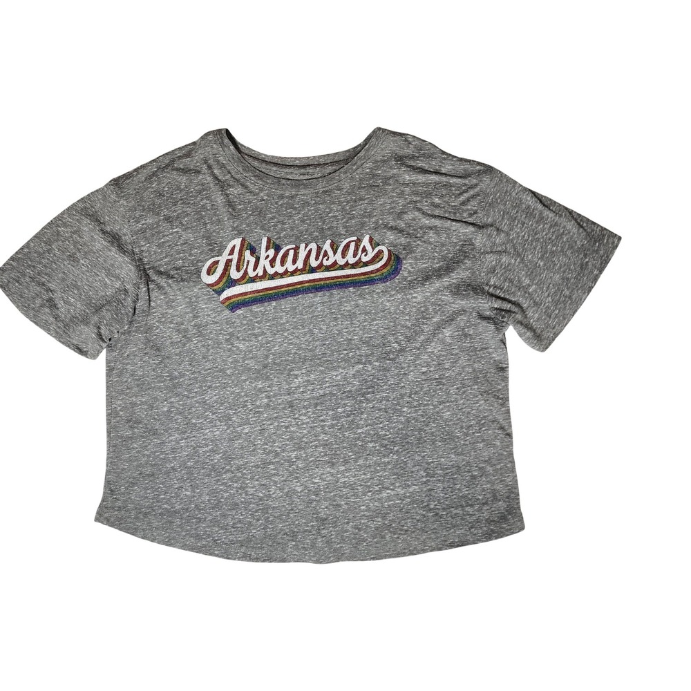 Pressbox Womens Arkansas Rainbow Graphic T-Shirt Heather Gray XL Retro Relaxed